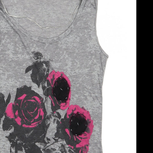 George Womens Grey Floral Polyester Basic Tank Size 8 Round Neck - Roses