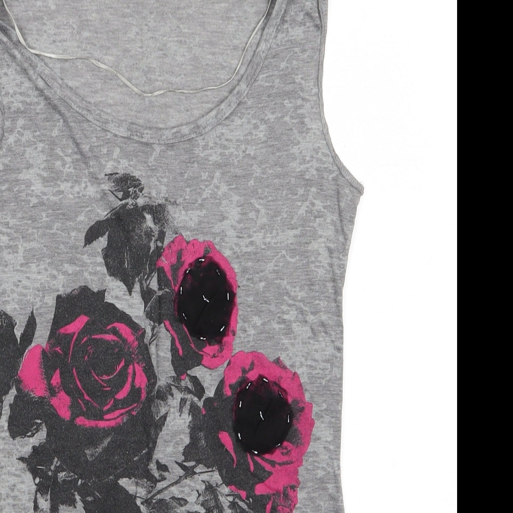 George Womens Grey Floral Polyester Basic Tank Size 8 Round Neck - Roses
