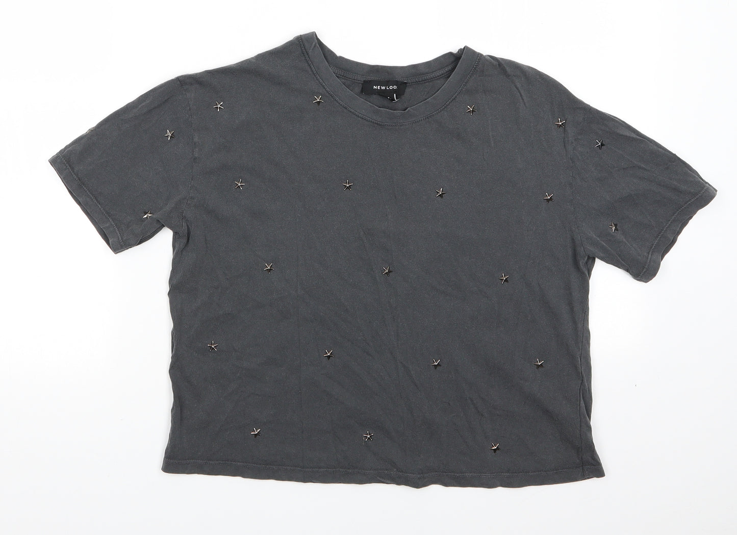 New Look Womens Grey  Cotton Basic T-Shirt Size 8 Round Neck - Metal Stars over front