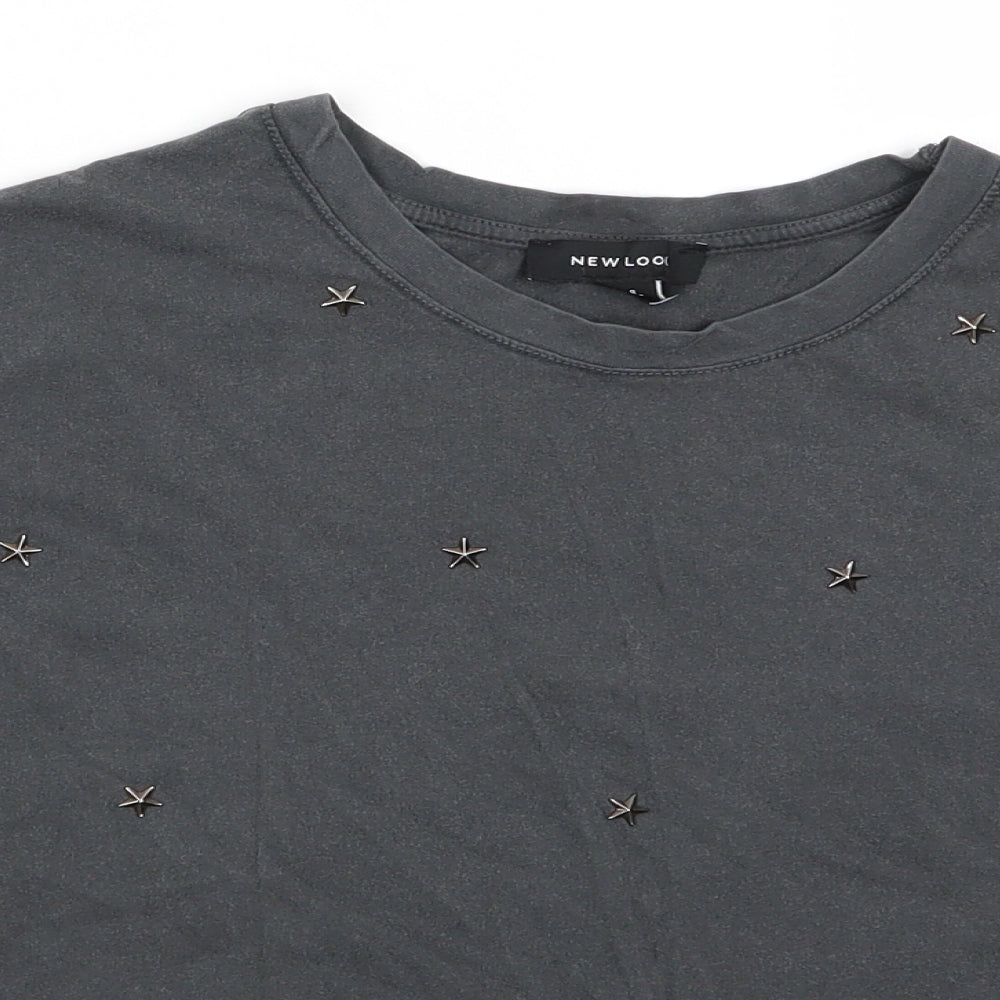 New Look Womens Grey  Cotton Basic T-Shirt Size 8 Round Neck - Metal Stars over front