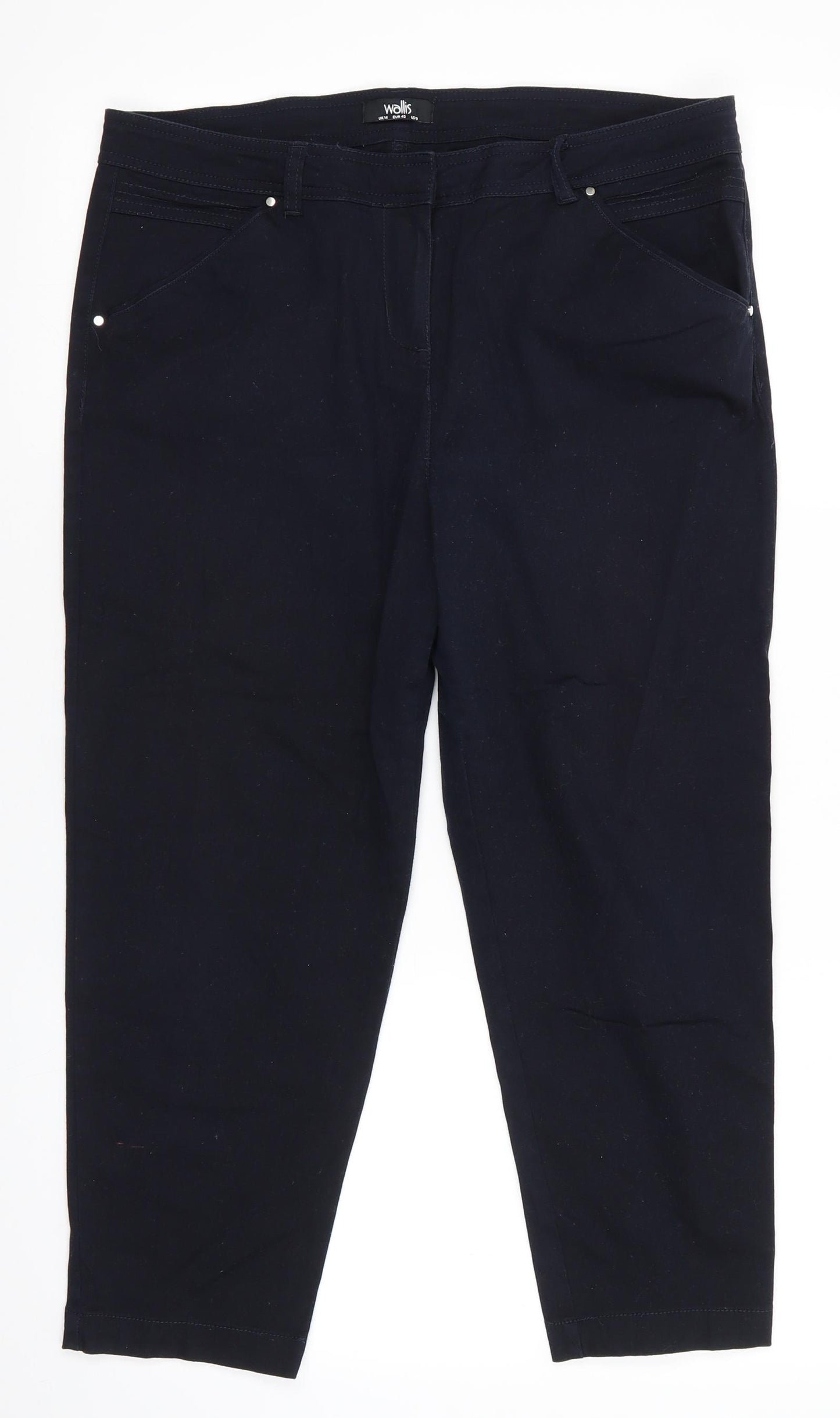 Wallis Womens Blue  Cotton Cropped Trousers Size 14 L22 in Regular  - Dark blue