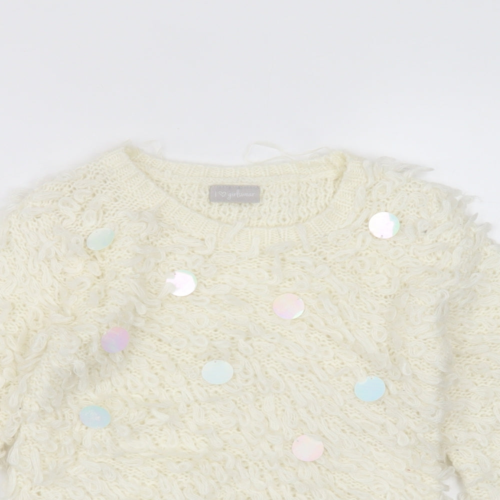 Matalan Girls White Round Neck  Acrylic Pullover Jumper Size 4-5 Years