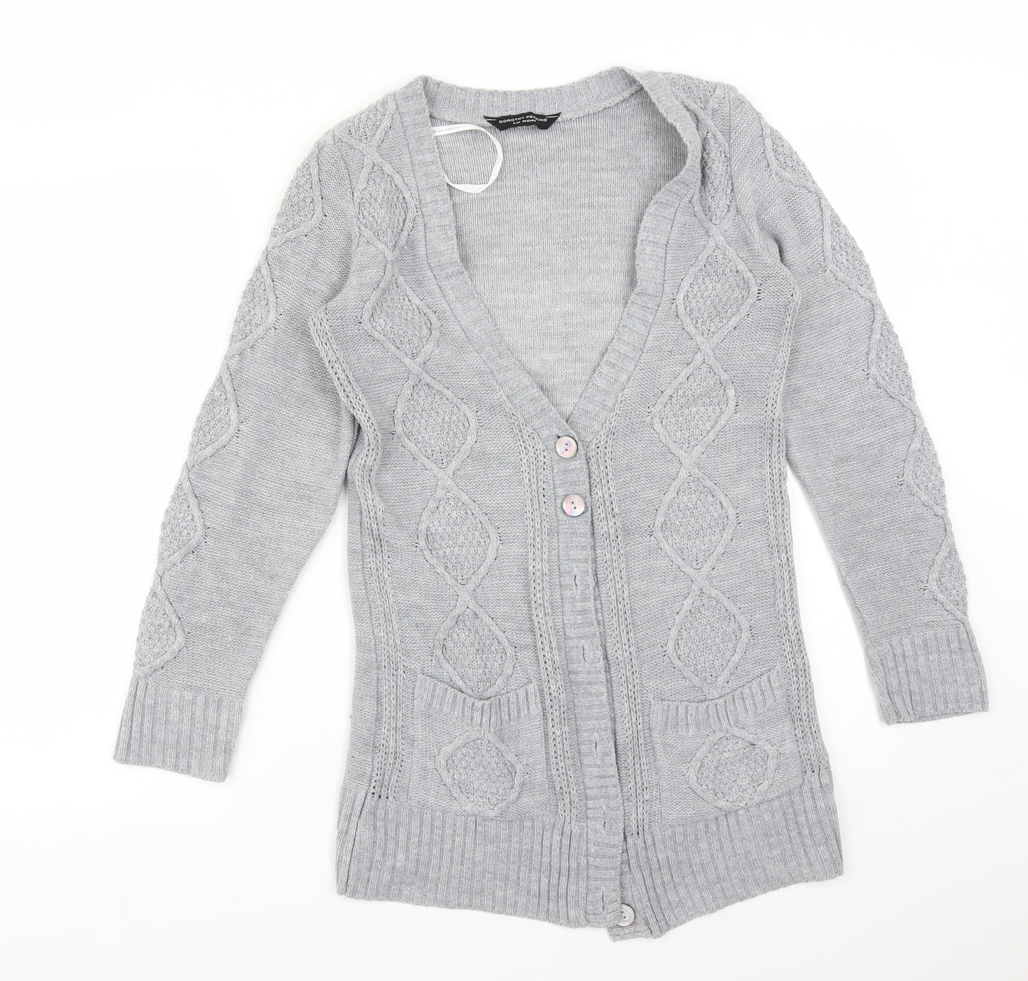 Dorothy Perkins Womens Grey V-Neck Argyle/Diamond Acrylic Cardigan Jumper Size 8