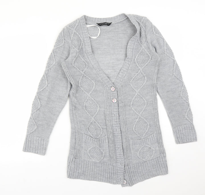 Dorothy Perkins Womens Grey V-Neck Argyle/Diamond Acrylic Cardigan Jumper Size 8