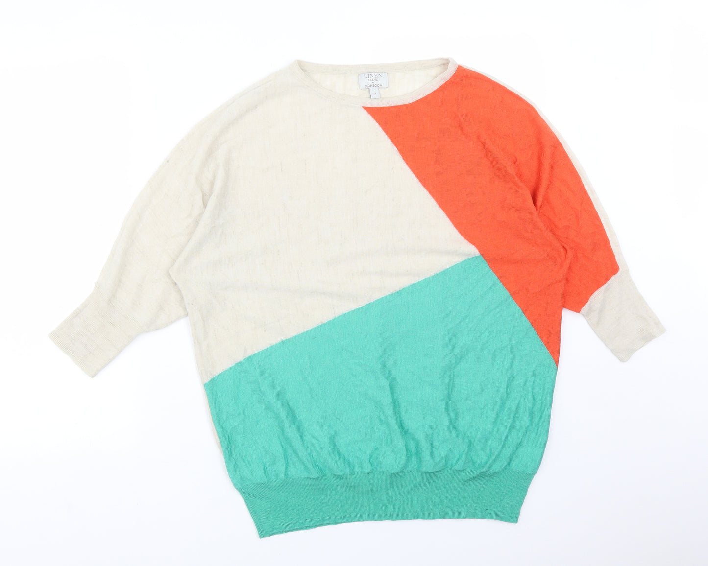 Monsoon Womens Multicoloured Colourblock Acrylic Basic T-Shirt Size M Round Neck