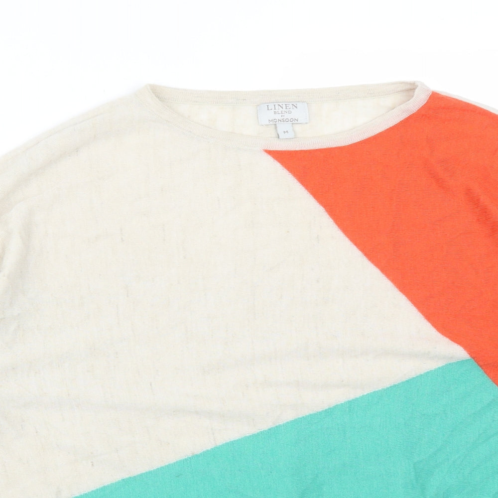 Monsoon Womens Multicoloured Colourblock Acrylic Basic T-Shirt Size M Round Neck