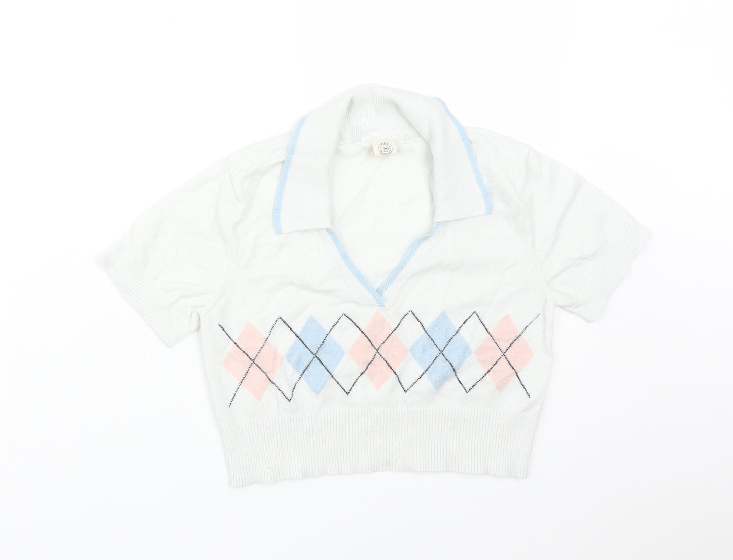 Urban Outfitters Womens Multicoloured Argyle/Diamond Viscose Cropped Polo Size M V-Neck