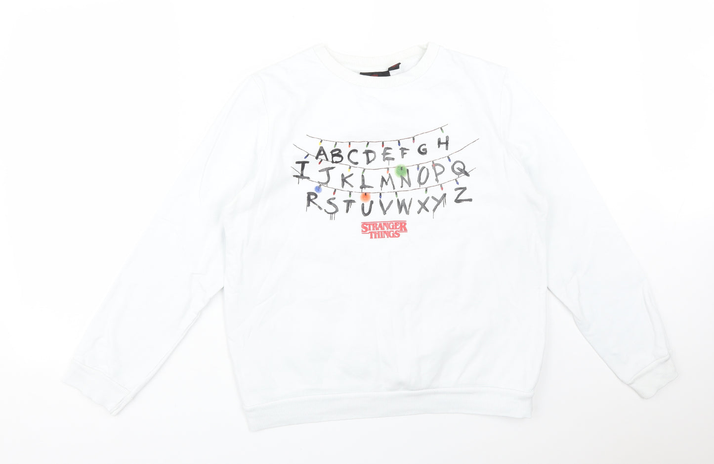 STRANGER THINGS Womens White  Cotton Pullover Sweatshirt Size M   - ABCDEFGHIJKLMNOPQRSTUVWXYZ