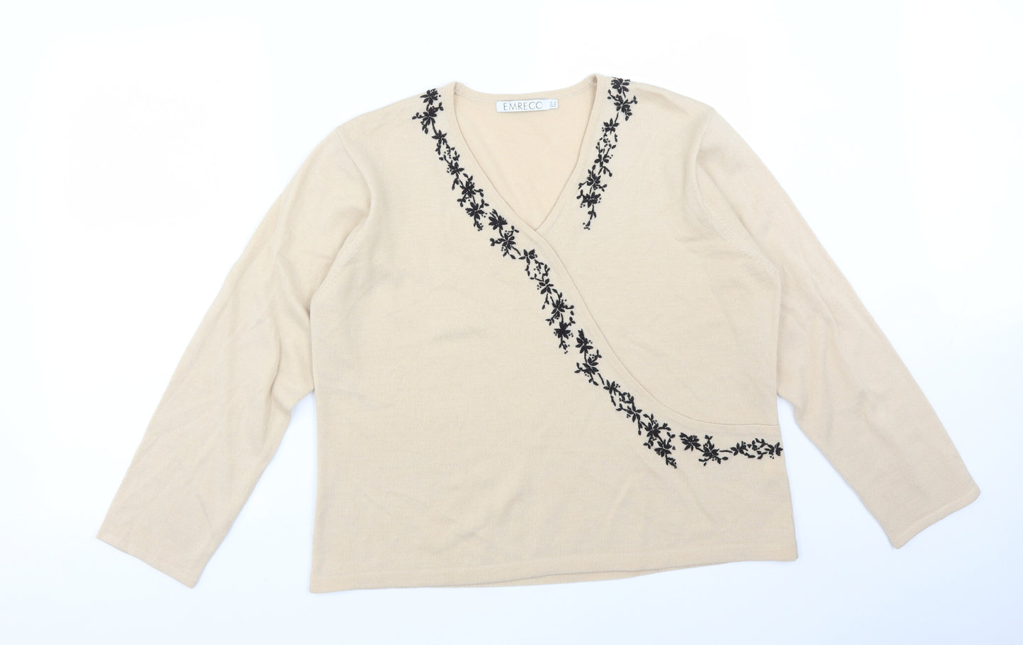 EMERCO Womens Beige Floral Wool Basic T-Shirt Size 18 V-Neck