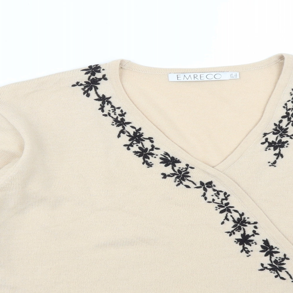 EMERCO Womens Beige Floral Wool Basic T-Shirt Size 18 V-Neck