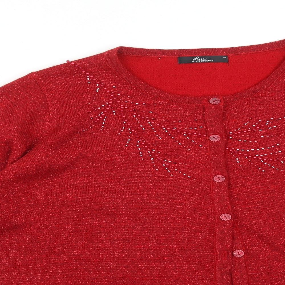 BM Womens Red Round Neck  Acrylic Cardigan Jumper Size M