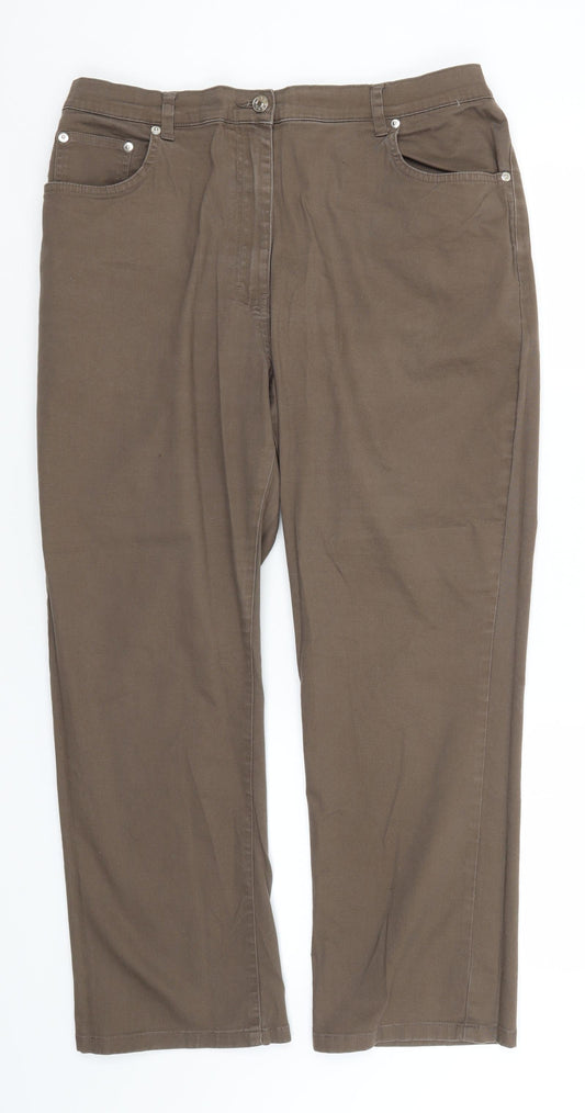 Front view of Preworn women’s brown cotton trousers, size UK 18, 27-inch leg regular