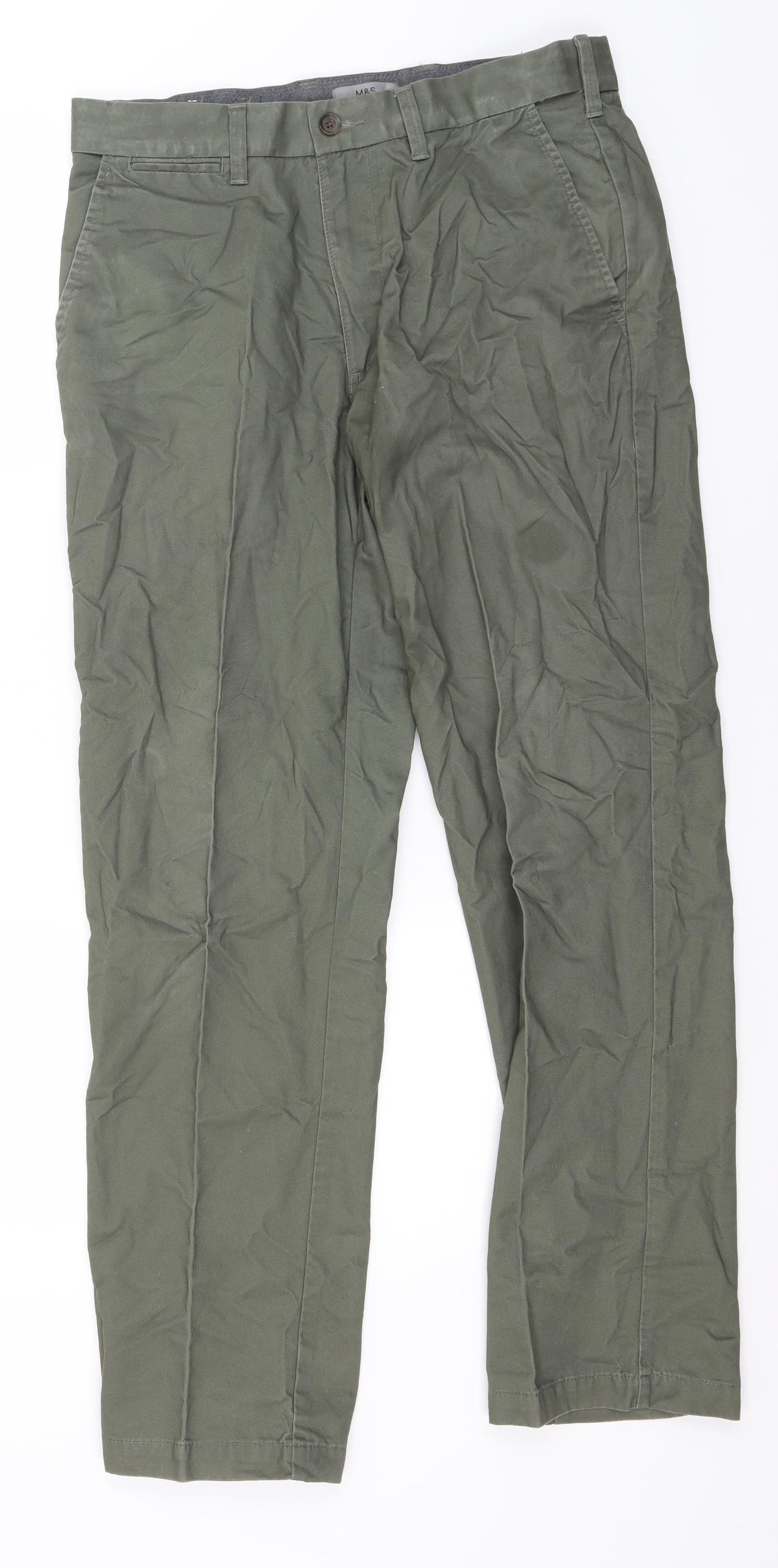 Marks and Spencer Womens Green  Cotton Trousers  Size 32 in L30 in Regular