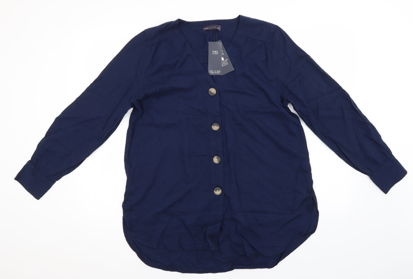 Marks and Spencer Womens Blue  Flax Basic Button-Up Size 12 V-Neck