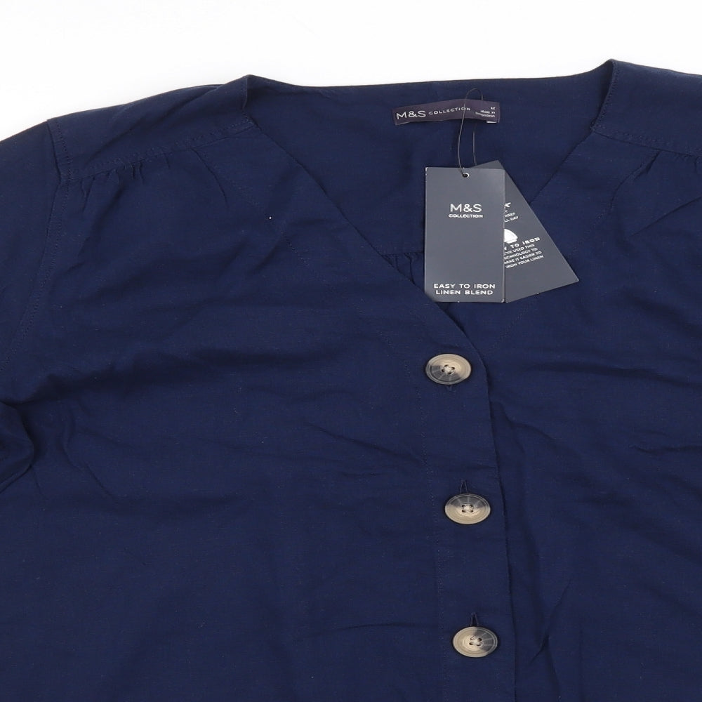 Marks and Spencer Womens Blue  Flax Basic Button-Up Size 12 V-Neck