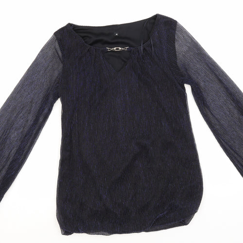 Preworn Womens Blue Striped Polyester Basic Blouse Size 10 Round Neck