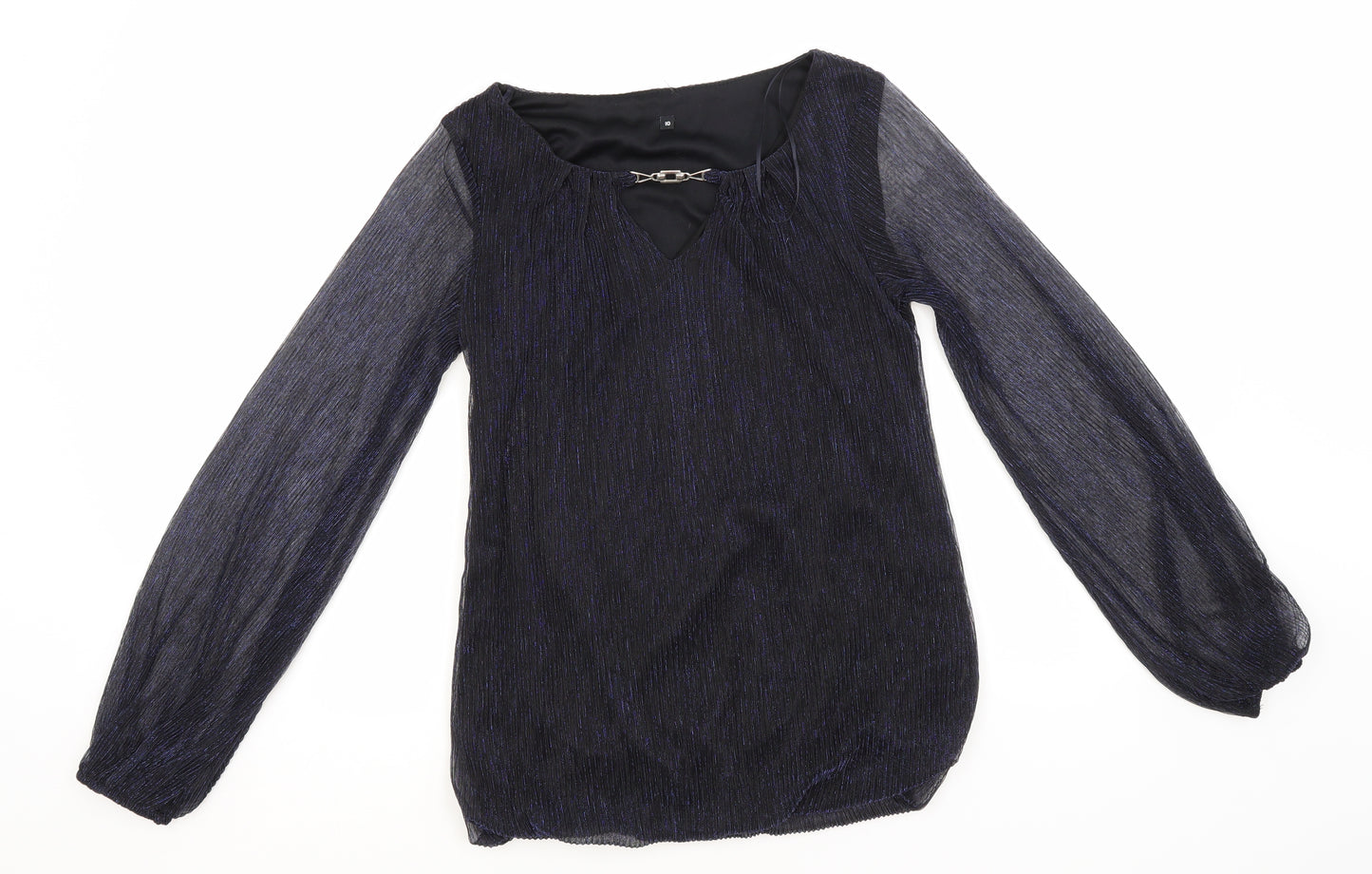 Preworn Womens Blue Striped Polyester Basic Blouse Size 10 Round Neck