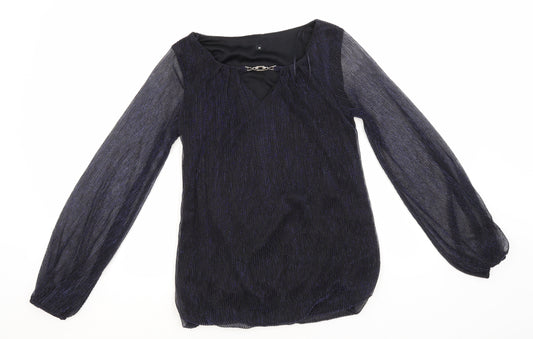 Front view of Preworn women’s blue striped polyester basic blouse, size UK 10, round neck
