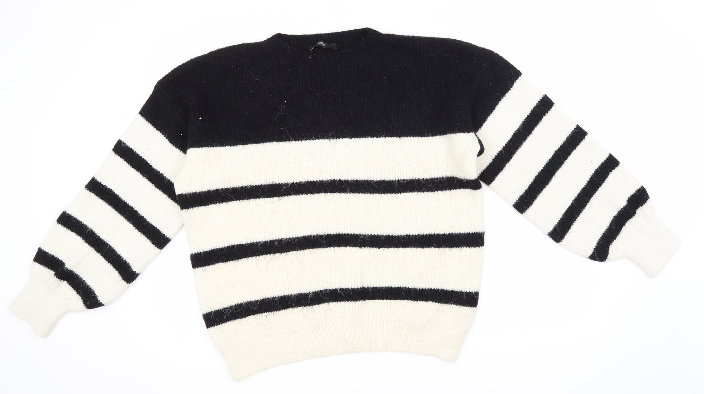 George Womens White Round Neck Striped Acrylic Pullover Jumper Size M
