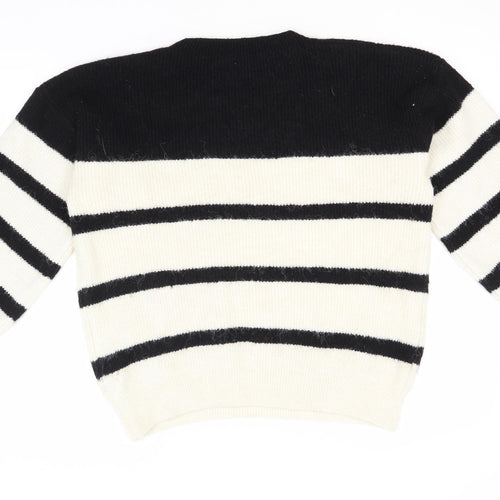 George Womens White Round Neck Striped Acrylic Pullover Jumper Size M