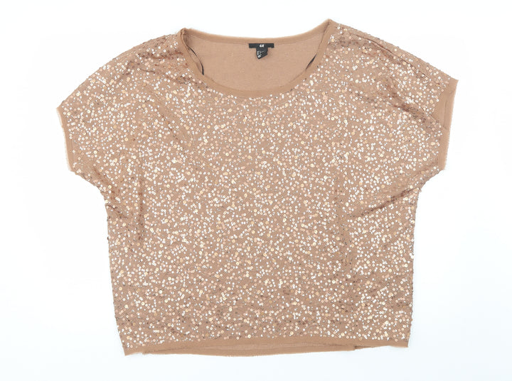 H&M Womens Brown Polyester Basic Blouse Size L Round Neck