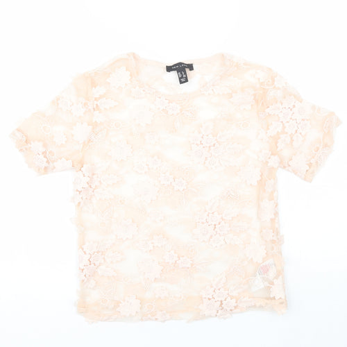 New Look Womens Pink Floral Polyamide Basic Blouse Size 8 Round Neck