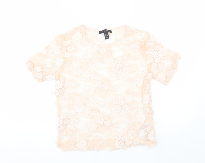 New Look Womens Pink Floral Polyamide Basic Blouse Size 8 Round Neck