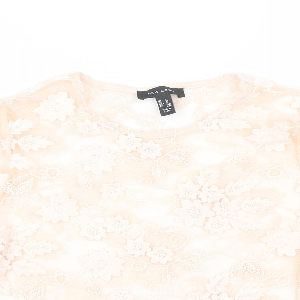 New Look Womens Pink Floral Polyamide Basic Blouse Size 8 Round Neck