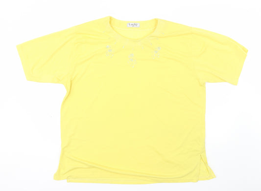 Front view of Lucky women’s yellow cotton basic t-shirt, size 2XL, round neck