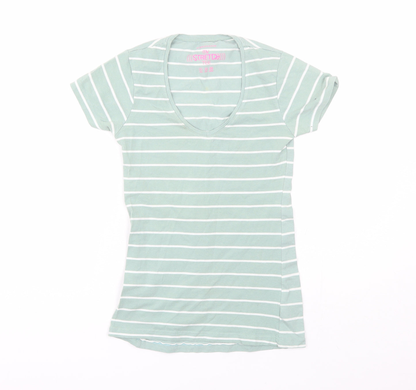 Atmosphere Womens Green Striped Cotton Basic T-Shirt Size 6 Scoop Neck
