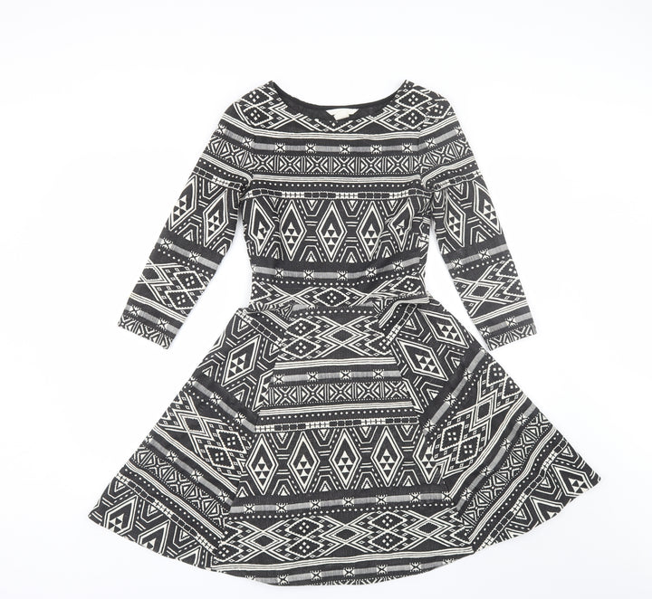 H&M Womens Black Geometric Polyester Shift Size XS Round Neck