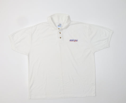Front view of Fruit of the Loom men’s white polyester polo, size XL, collared
