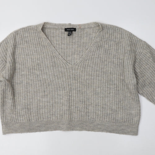 New Look Womens Grey V-Neck  Acrylic Pullover Jumper Size M
