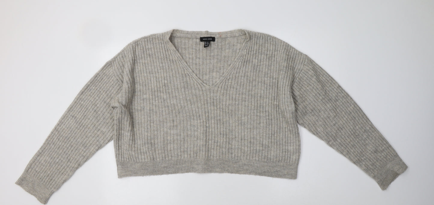 New Look Womens Grey V-Neck  Acrylic Pullover Jumper Size M