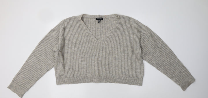 New Look Womens Grey V-Neck  Acrylic Pullover Jumper Size M