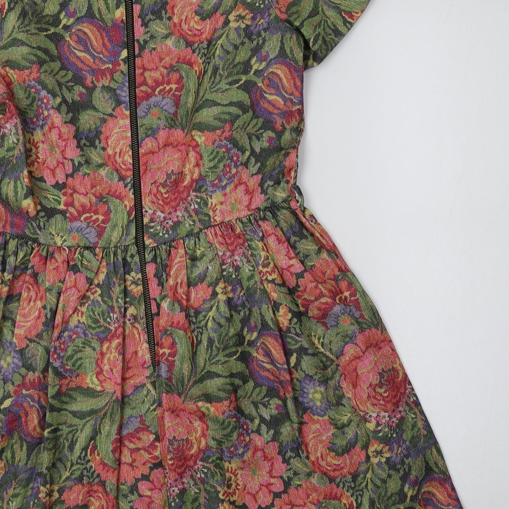 River Island Womens Green Floral Polyester Fit & Flare  Size 12  Round Neck