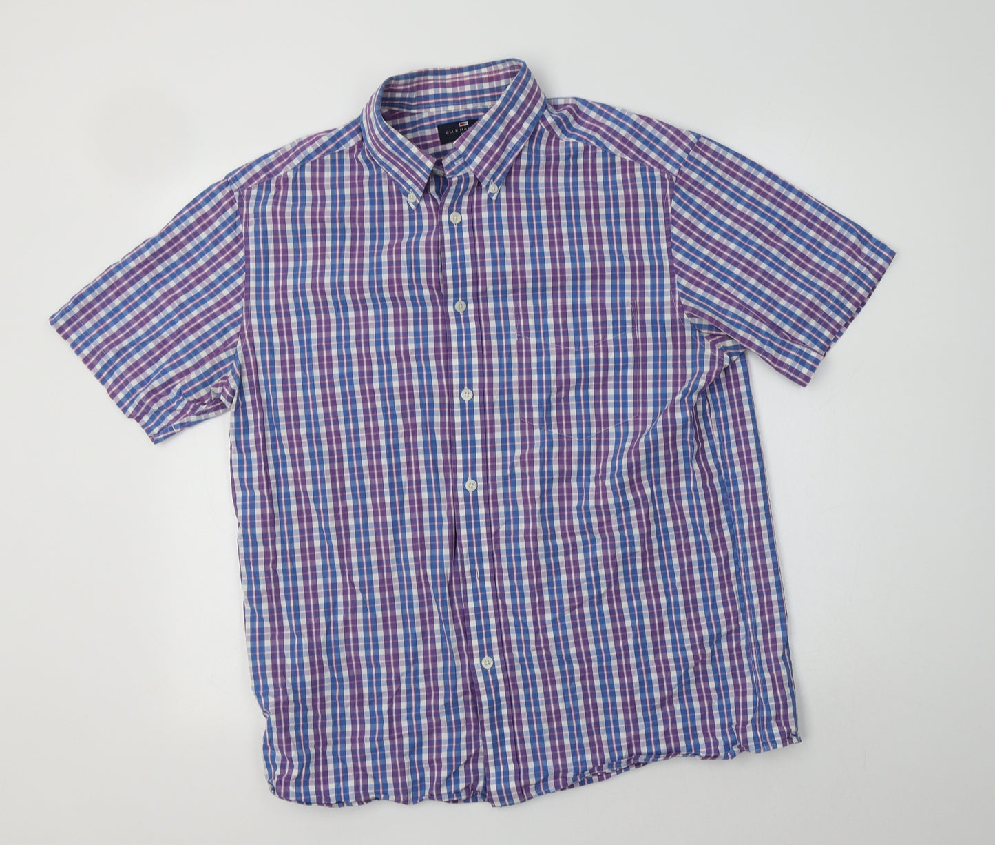 M&S Mens Blue Check Cotton  Button-Up Size M Collared