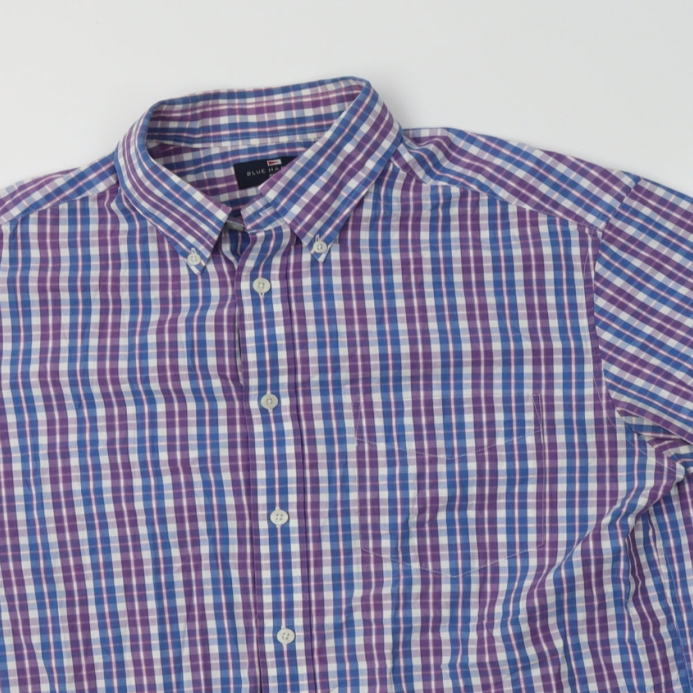 M&S Mens Blue Check Cotton  Button-Up Size M Collared