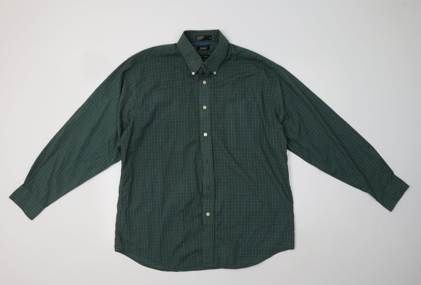 Haggar Mens Green Check Cotton  Button-Up Size L Collared