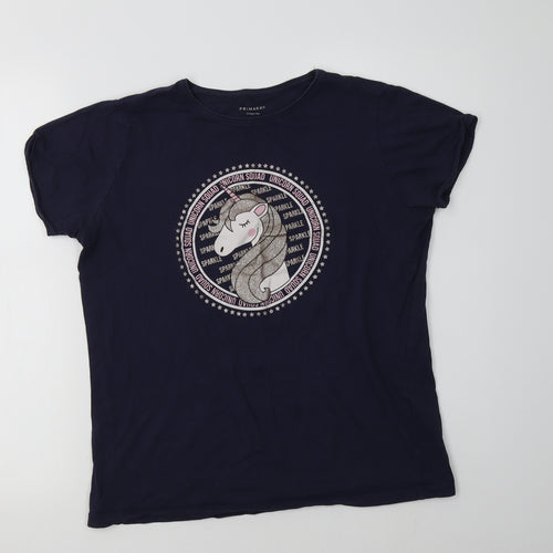 Primark Girls Blue  Cotton Basic Polo Size 14 Years Crew Neck  - Unicorn