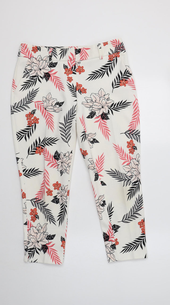 Dorothy Perkins Womens White Floral Polyester Cropped Trousers Size 10 L24 in Regular