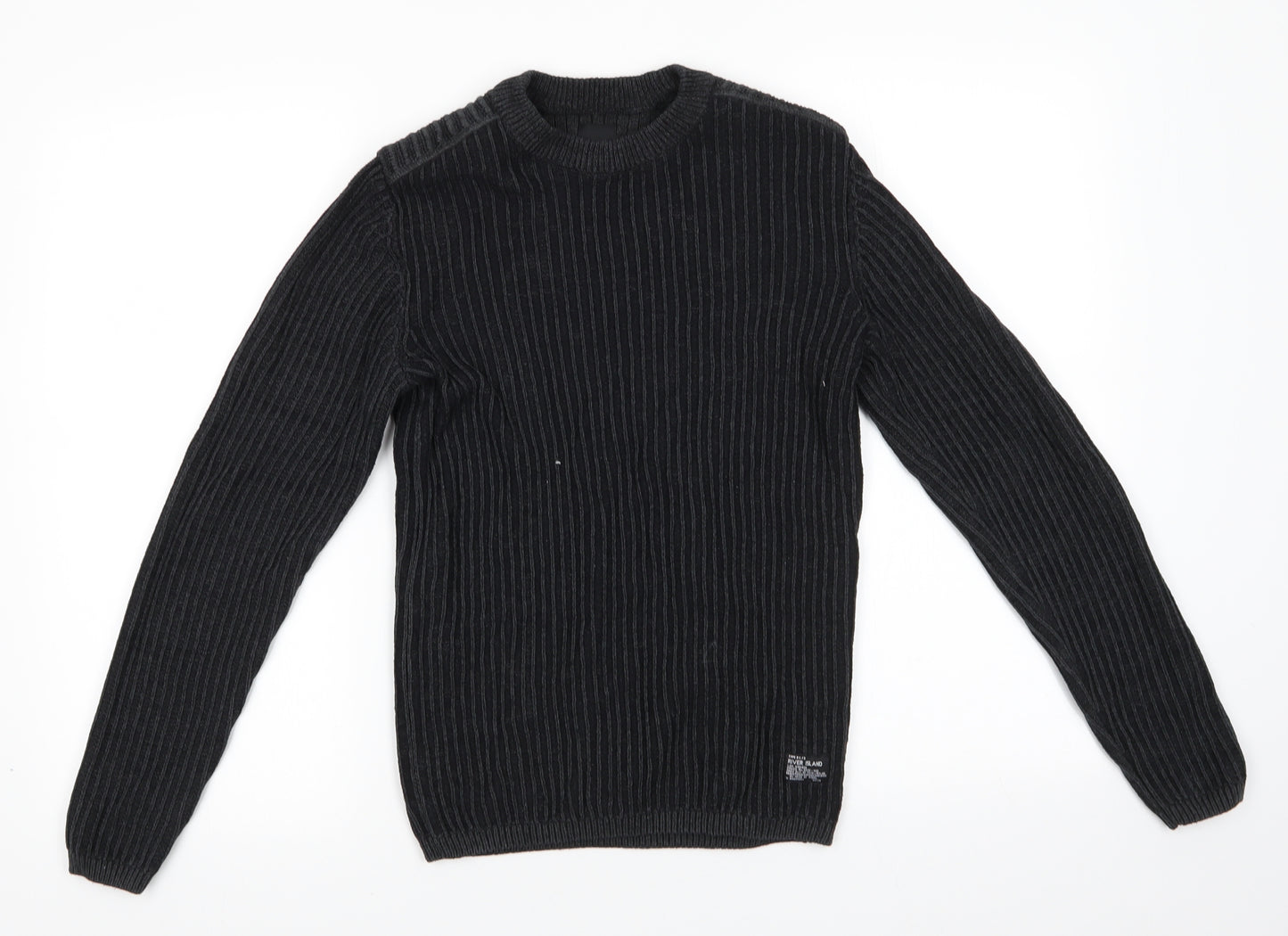 River Island Mens Black Round Neck  Cotton Pullover Jumper Size XS
