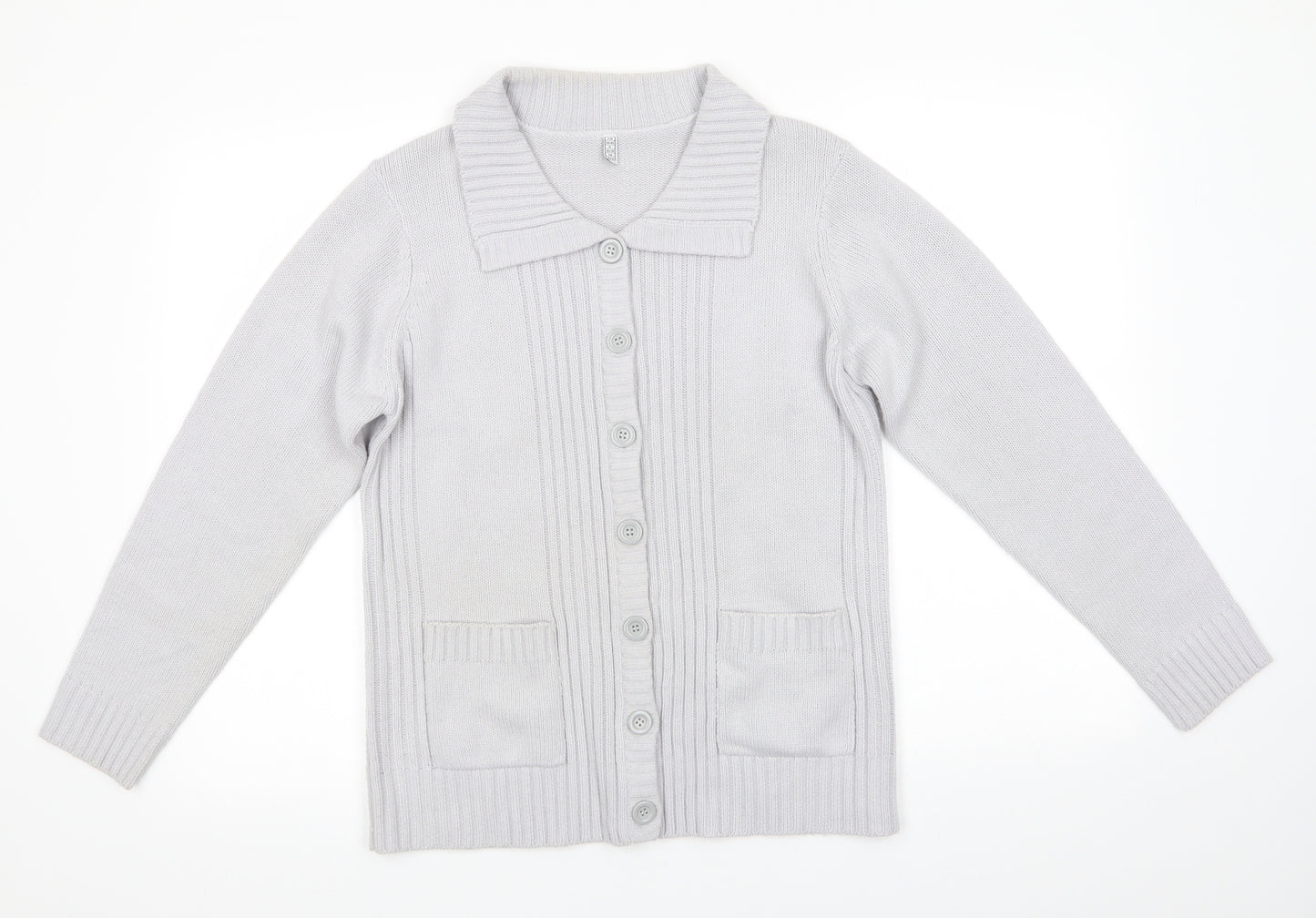 Preworn Womens Grey Collared  Acrylic Cardigan Jumper Size 10   - Light Grey