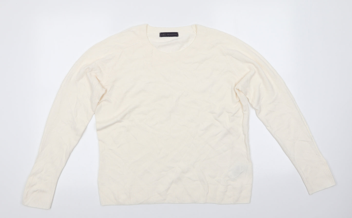 Marks and Spencer Womens Ivory Round Neck  Acrylic Pullover Jumper Size 14   - button cuffs