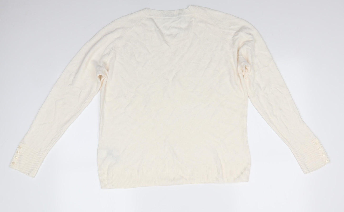 Marks and Spencer Womens Ivory Round Neck  Acrylic Pullover Jumper Size 14   - button cuffs