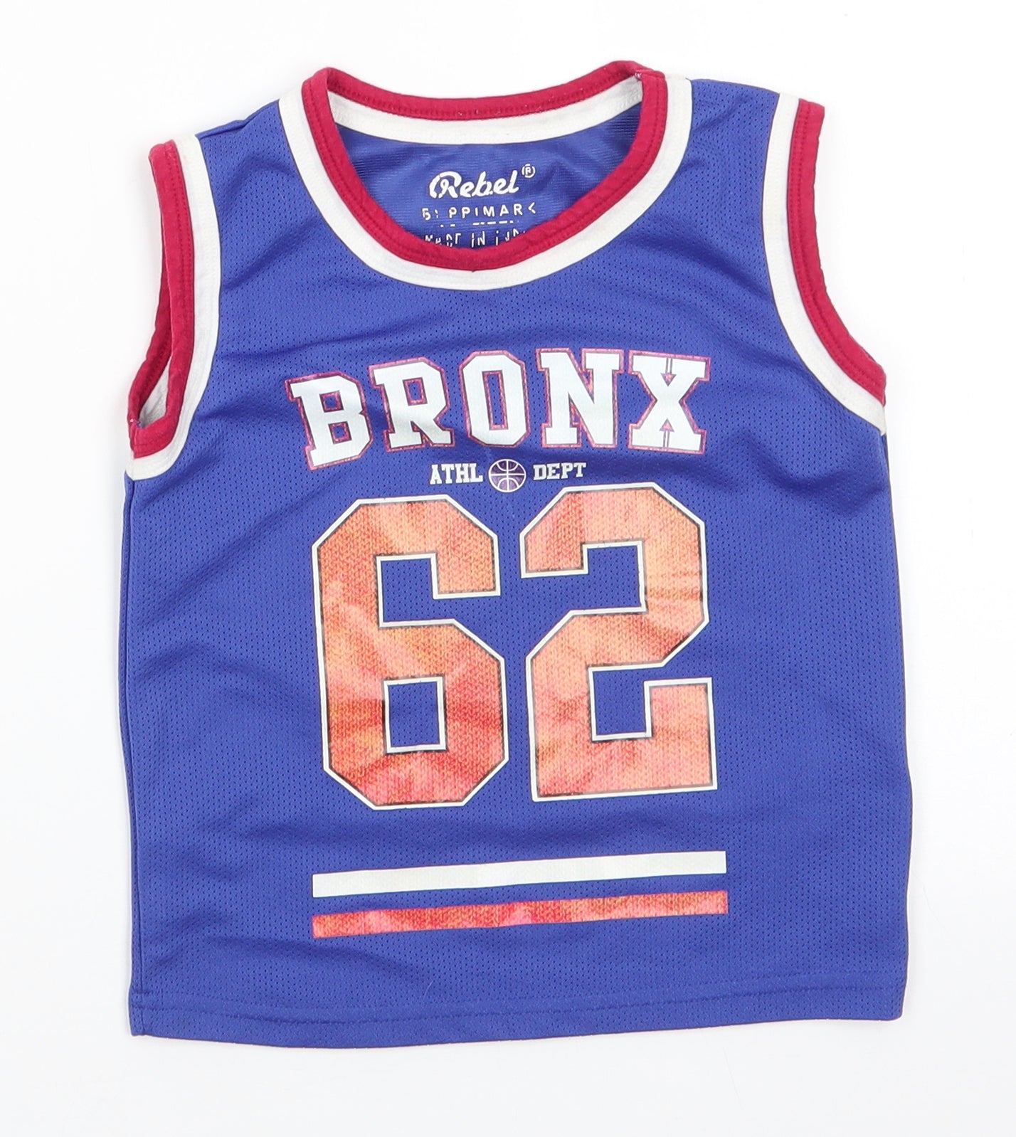 Rebel by Primark Boys Blue  Polyester Basic Tank Size 3-4 Years Round Neck  - Bronx Athl Dept 62