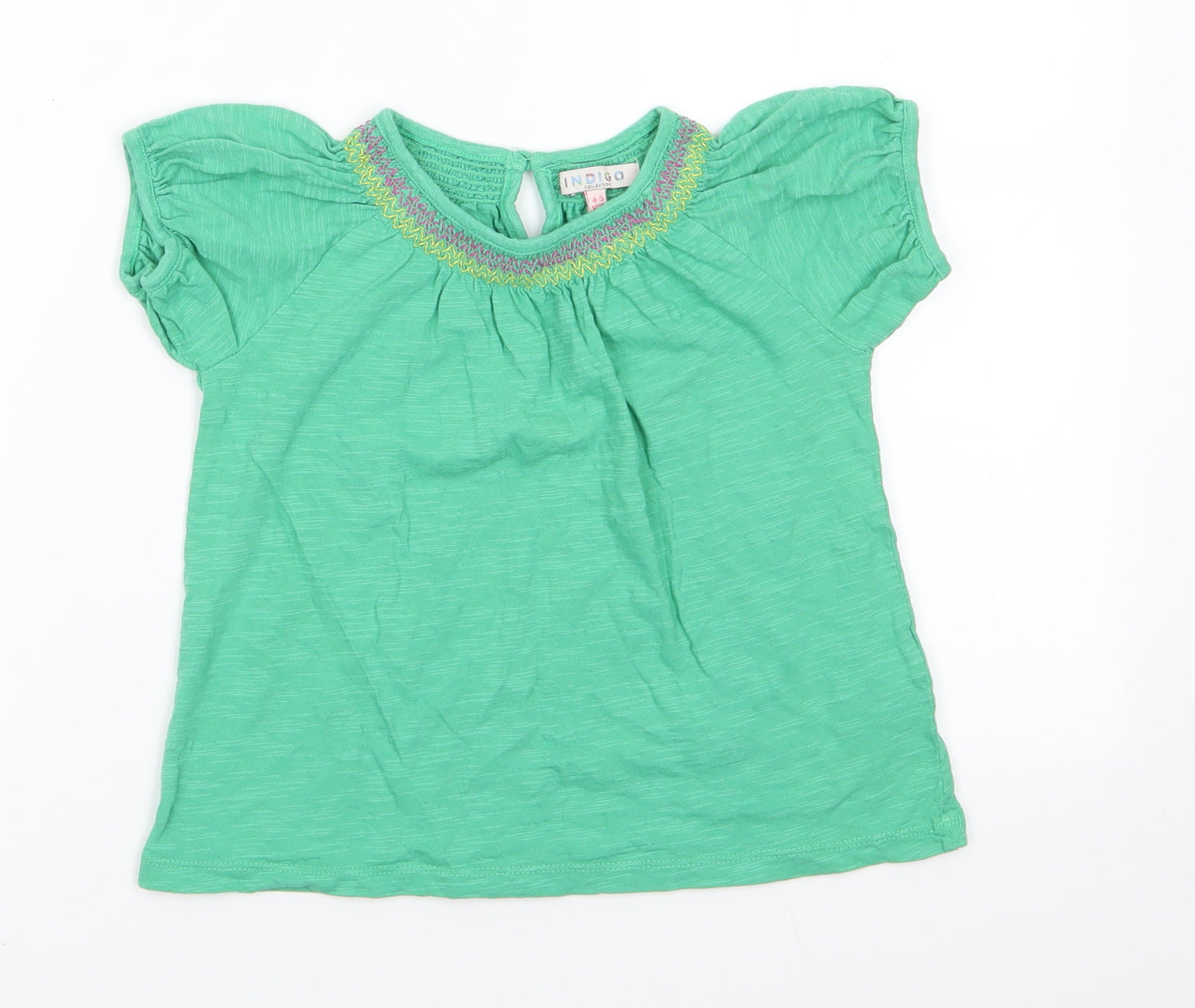 Indigo Girls Green  Cotton Basic T-Shirt Size 4-5 Years Round Neck  - Elasticated neckline Pink & Yellow
