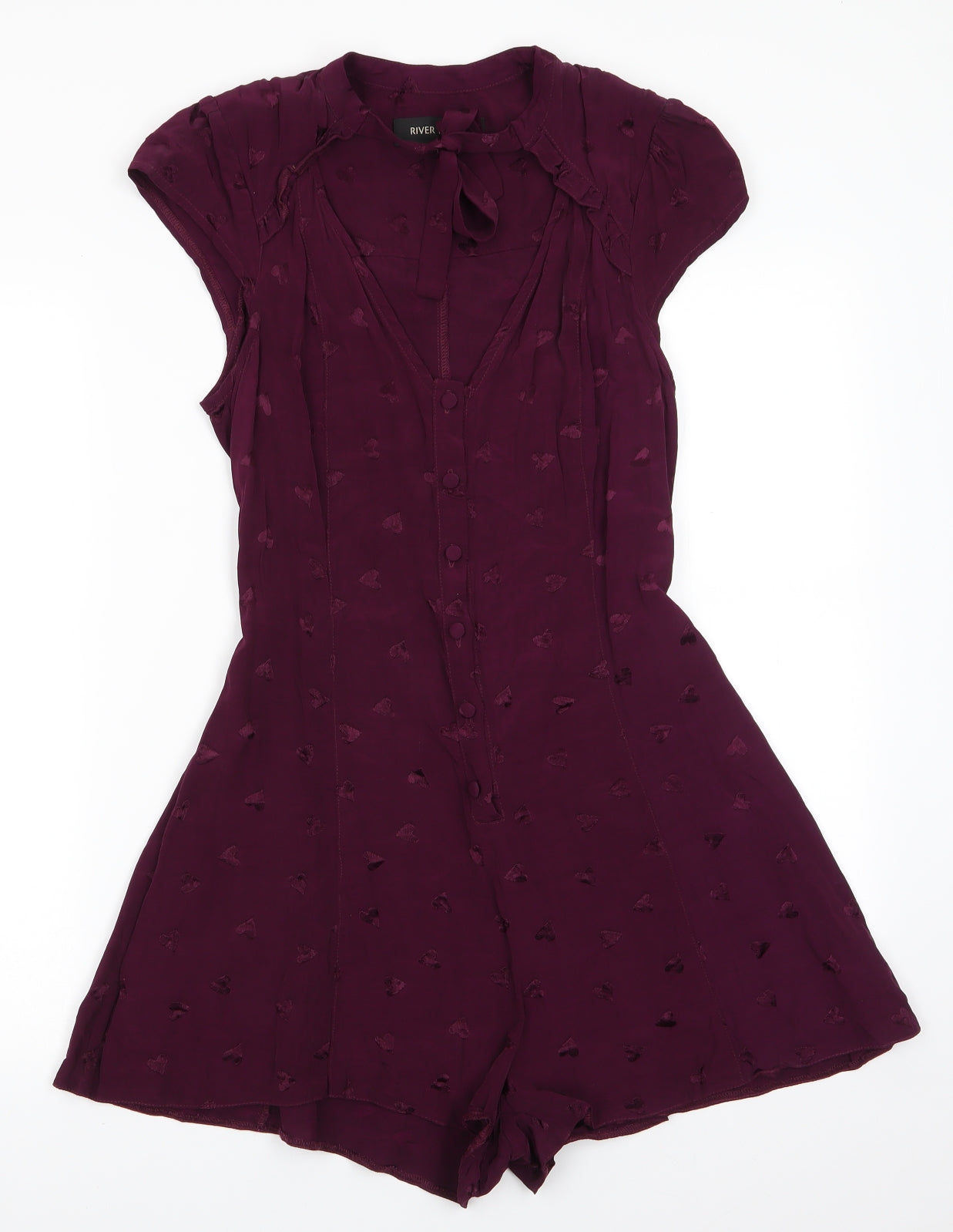 River Island Womens Purple  Viscose Shorts One-Piece Size 10   - Tie Neck Frill detail hearts