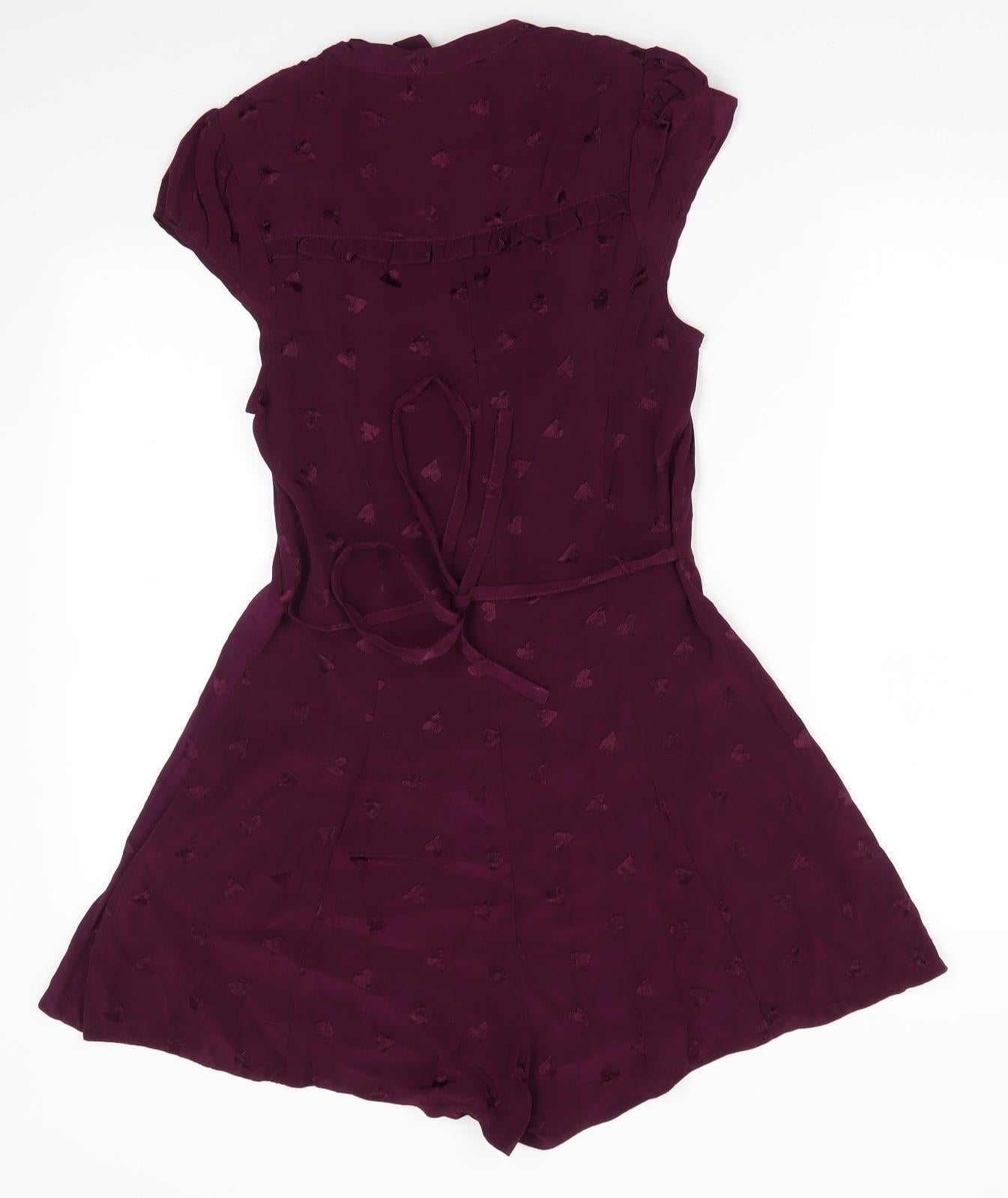 River Island Womens Purple  Viscose Shorts One-Piece Size 10   - Tie Neck Frill detail hearts
