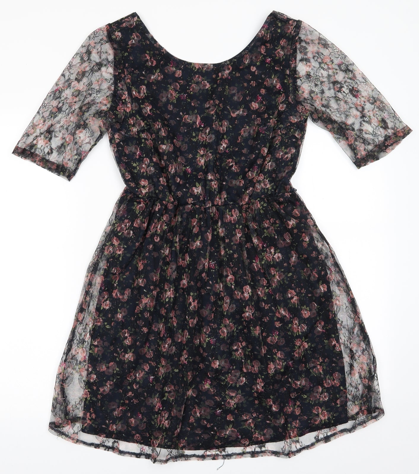 Atmosphere Womens Black Floral Polyester Fit & Flare  Size 8  Round Neck  - Lace Overlay Dress